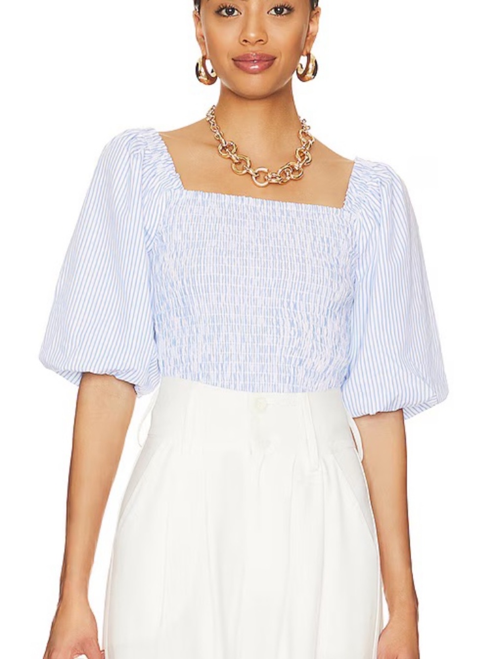 Steve Madden Susana Top Blue White Stripe Smocked Puff Sleeve Size S